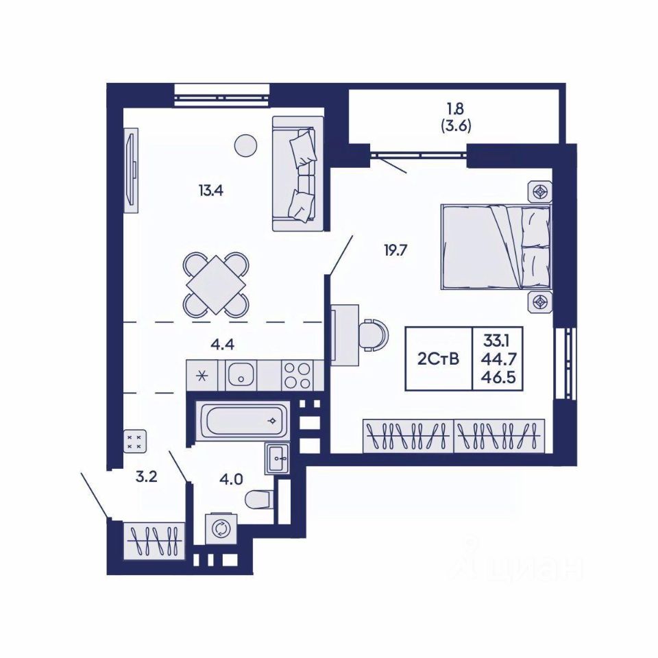 Квартира-студия, 46.5 м² 2