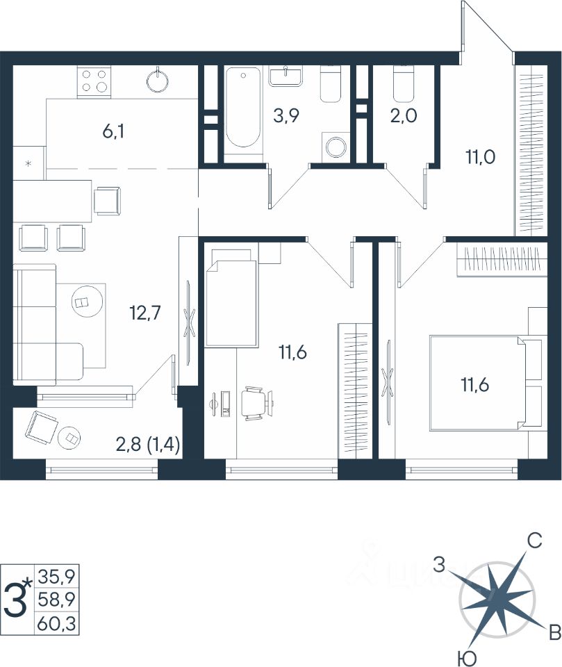 Апартамент, 60 m²