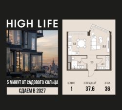 1-комн.кв., 38 м², этаж 36