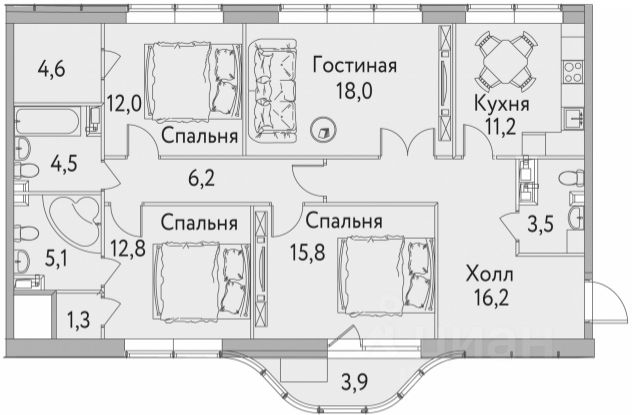 Планировка этой квартиры по данным Циан