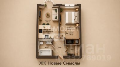 1-комн.кв., 36 м², этаж 9 1-комн.кв., 36 м², этаж 9