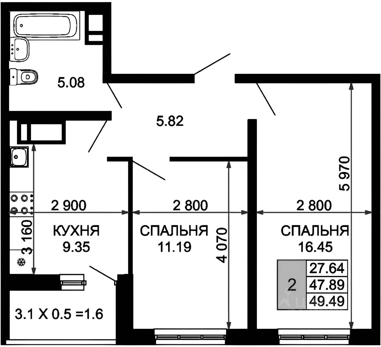 Планировка этой квартиры по данным Циан