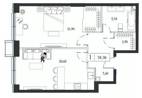 2-комн.кв., 58 м², этаж 17