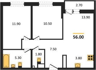 2-комн.кв., 56 м², этаж 9