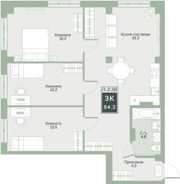 3-комн.кв., 84 м², этаж 2