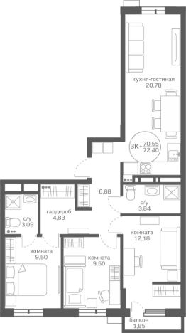 3-комн.кв., 71 м², этаж 12