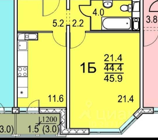 1-комн., 45,6 м², 6/19 этаж