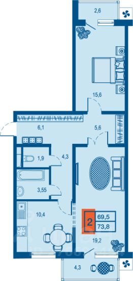 2-комн.кв., 69 м², этаж 2