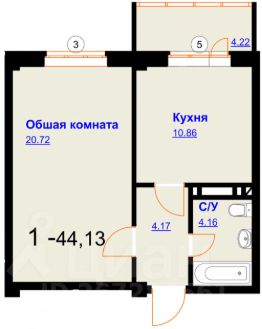 1-комн.кв., 44 м², этаж 4