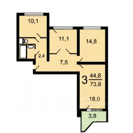 3-комн.кв., 74 м², этаж 11