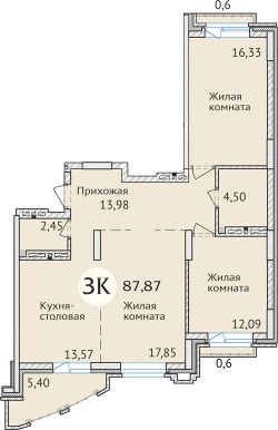 3-комн.кв., 88 м², этаж 23