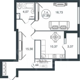 1-комн.кв., 52 м², этаж 16