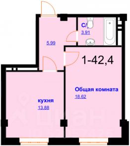 1-комн.кв., 42 м², этаж 7