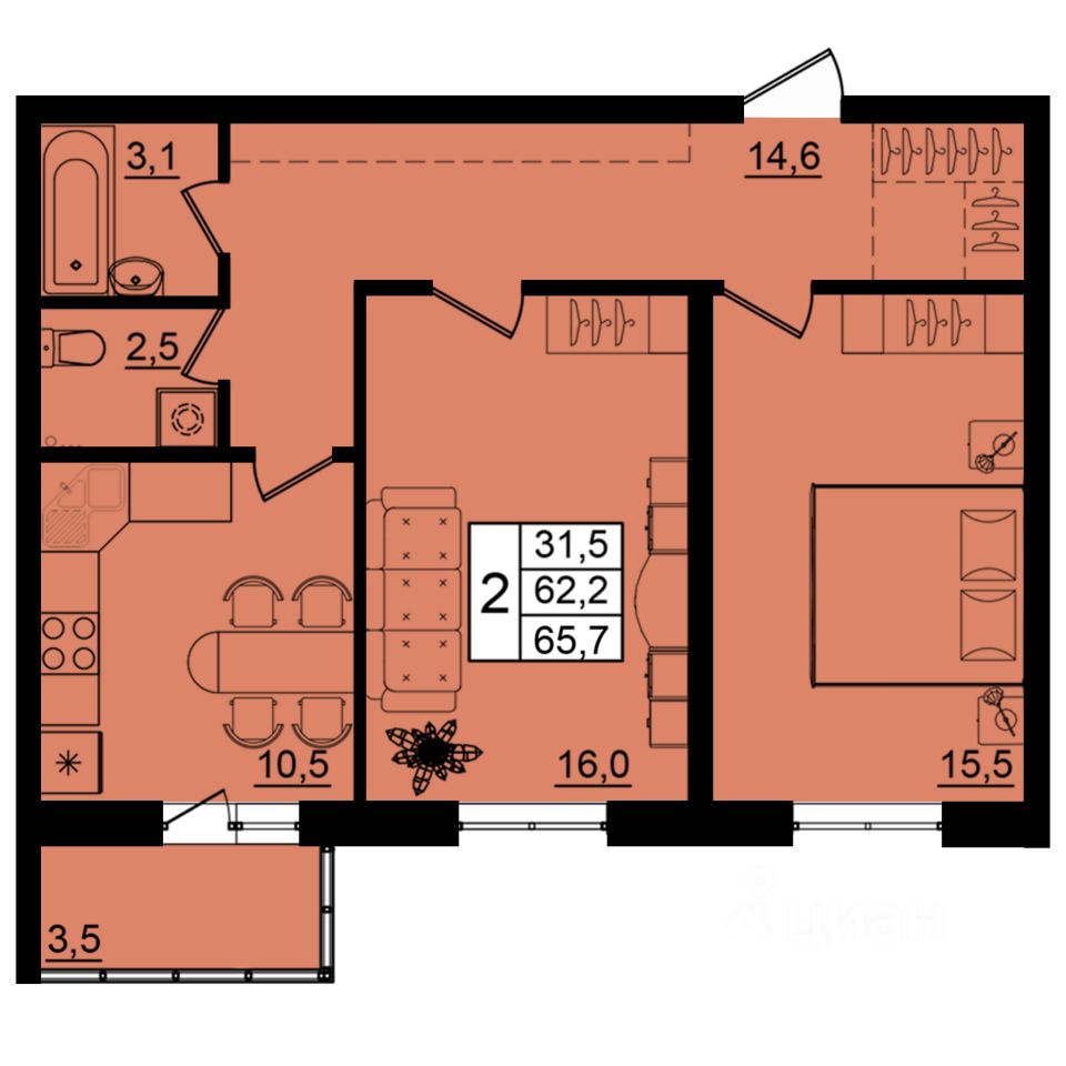 Продажа двухкомнатной квартиры 65,7м² ул. Качинцев, 83, Волгоград,  Волгоградская область - база ЦИАН, объявление 282196393