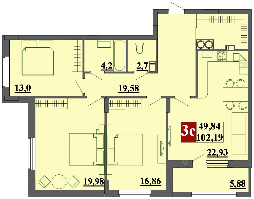 Купить трехкомнатную квартиру 103,1м² ул. Фирсова, 14, Рязань, Рязанская  область - база ЦИАН, объявление 267981420