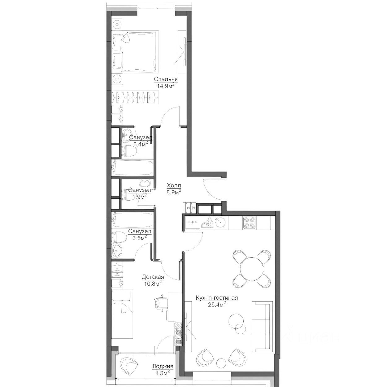 Планировка этой квартиры по данным Циан