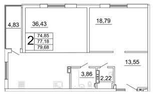 2-комн.кв., 80 м², этаж 4