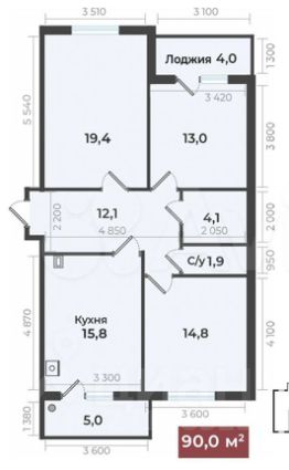 3-комн.кв., 90 м², этаж 12