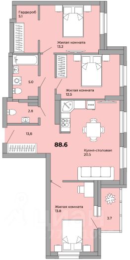 3-комн.кв., 89 м², этаж 10