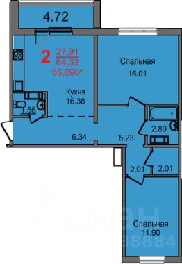 2-комн.кв., 64 м², этаж 3