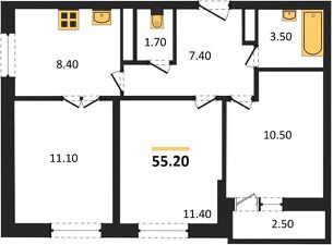 3-комн.кв., 55 м², этаж 10