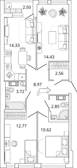 3-комн.кв., 72 м², этаж 5