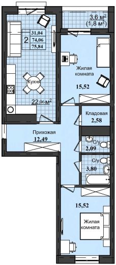 2-комн.кв., 76 м², этаж 2