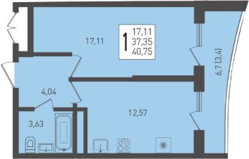 1-комн.кв., 41 м², этаж 21