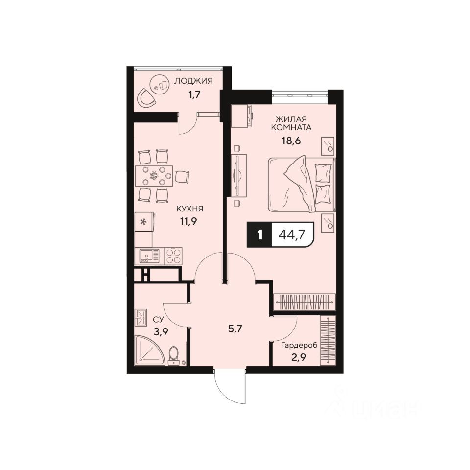 1-комн.кв., 44,7 м², 6/15 этаж