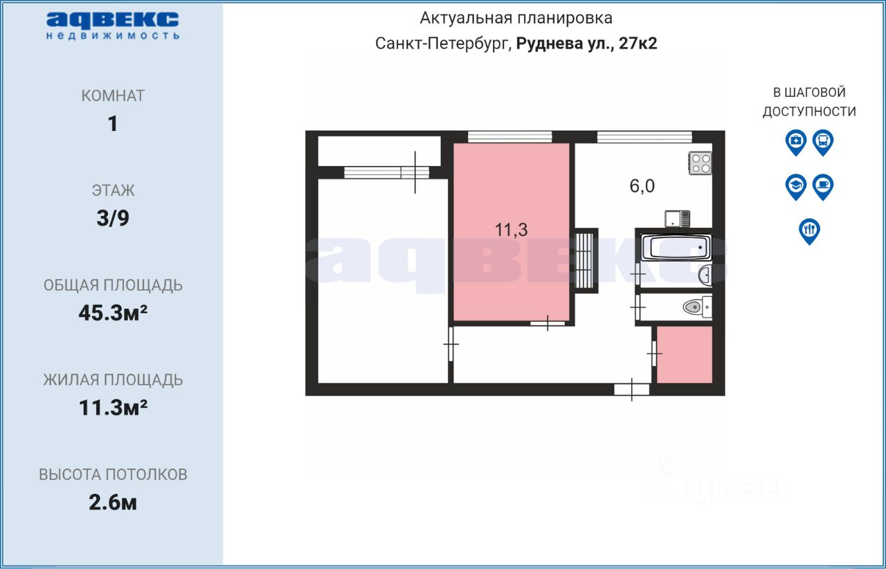 Продажа комнаты 11,3м² ул. Руднева, 27к2У, Санкт-Петербург, м. Проспект  Просвещения - база ЦИАН, объявление 285760564