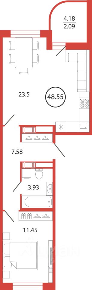 Продается1-комн.квартира,48,55м²