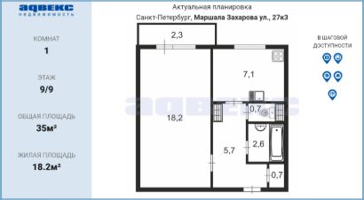 1-комн.кв., 35 м², этаж 9