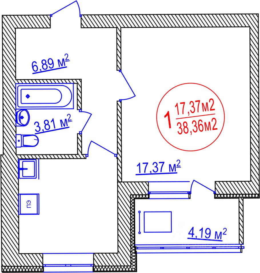 Купить однокомнатную квартиру 38,4м² ул. Летчиков, 1/9, Уфа, Башкортостан  респ. - база ЦИАН, объявление 268502262