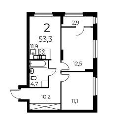 2-комн.кв., 53 м², этаж 9