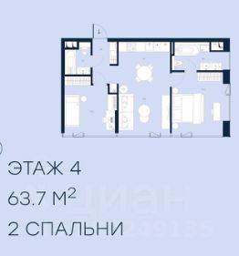 2-комн.апарт., 64 м², этаж 4