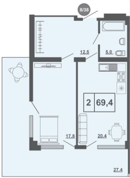 2-комн.кв., 36 м², этаж 8