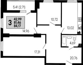 3-комн.кв., 84 м², этаж 5