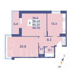 2-комн.кв., 67 м², этаж 2