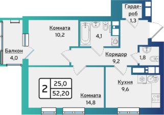 2-комн.кв., 52 м², этаж 2