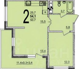 2-комн.кв., 54 м², этаж 9