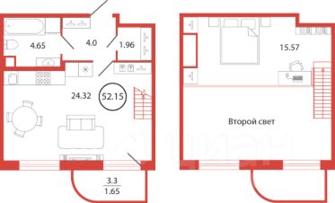 студия, 52 м², этаж 1