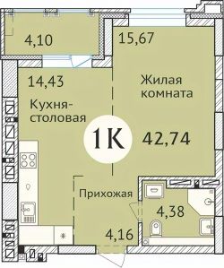 1-комн.кв., 43 м², этаж 19