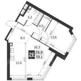 2-комн.кв., 59 м², этаж 16