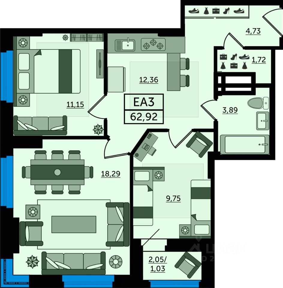 Купить трехкомнатную квартиру 62,9м² просп. Михаила Нагибина,  Ростов-на-Дону, Ростовская область - база ЦИАН, объявление 276742821