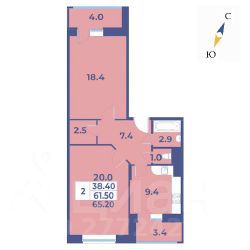 2-комн.кв., 65 м², этаж 3