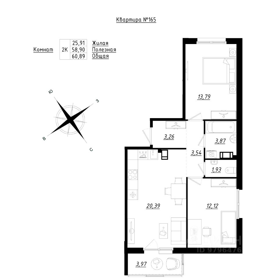 Продажа двухкомнатной квартиры 60,9м² Ленинградская область, Тосненский  район, Федоровское городское поселение, Счастье 2 жилой комплекс, м. Шушары  - база ЦИАН, объявление 284198920