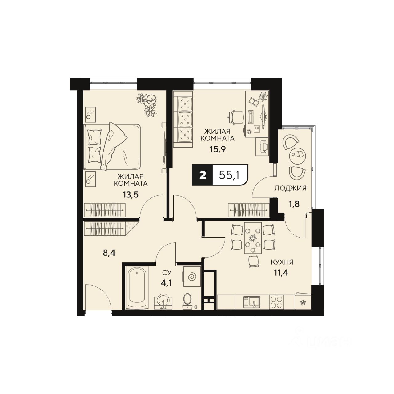 2-комн.кв., 55,1 м², 8/15 этаж