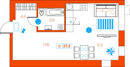 студия, 37 м², этаж 9