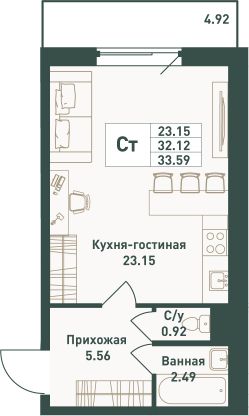 студия, 34 м², этаж 13