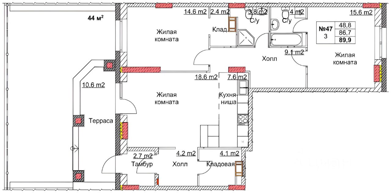 Планировка этой квартиры по данным Циан